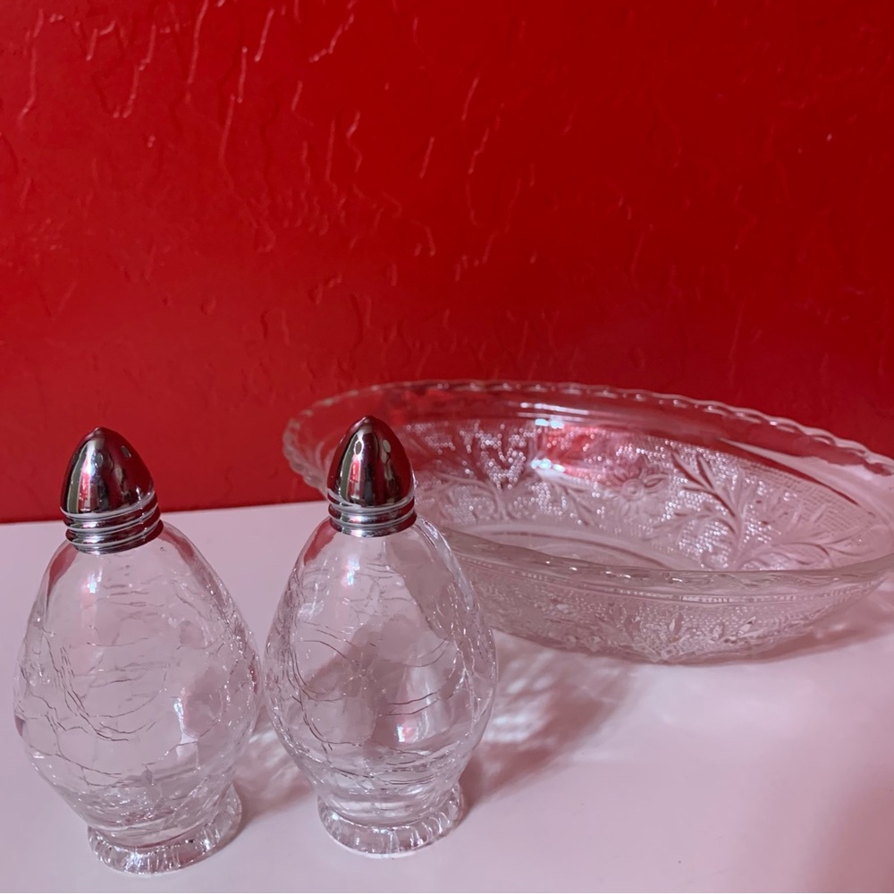 Crackle Glass Salt and Pepper Shakers and Glass Dish